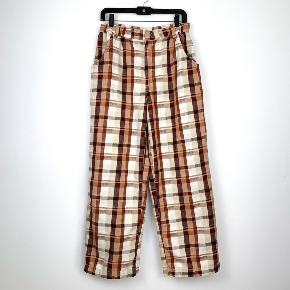 Free People Love Buzz trousers wide leg high waist cotton pants brown & ivory S - Picture 3 of 12